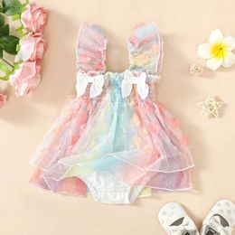 Rompers Baby Girl Floral Lace Romper Dress Tutu Embroidery Fly Sleeves Tie Backless Princess Overall Dress H240508