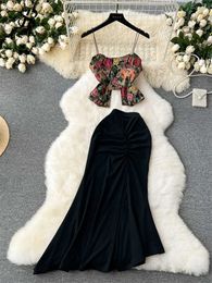 Two Piece Dress SINGREINY Fashion Summer Holiday Suits Slveless Court Vintage Camis+Irregular Ruched Bodycon Skirt Hotswt Two Pieces Sets Y240508