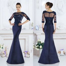 Navy Blue Janique Mermaid Mother of The Bride Dresses Jewel Half Sleeve Lace Applique Wedding Guest Dress Sweep Train Evening Gowns 0508