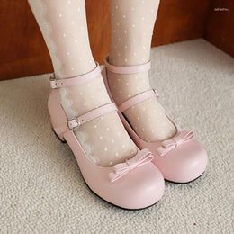 Dress Shoes Shallow Mouth Round Head Middle Heel Double Row Buckle Bow Tie Applique Lolita Style Mary Jane Sweet Girl's