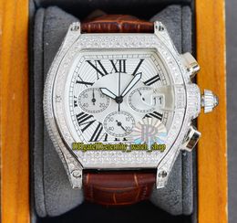 TWF Tortue XL 62020X6 Japan Miyota Quartz Chronograph Mens Watch White Roman Markers Dial Iced Out Diamonds Case Brown Leather Str4371096