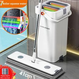 Flat Floor Big Mop 40cm Wet and dry Cleaner With Bucket Hand Free Washing For Home Squeeze Household Cleaning Tools 240508