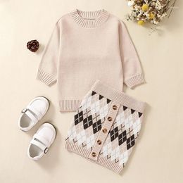 Clothing Sets 1-6years Kids Girls Skirt Set Long Sleeve Crew Neck Sweater With Rhombus Outfit For Infant Spring Fall Clothes