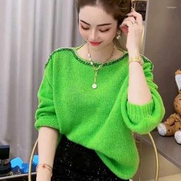 Women's Blouses Fashion O-Neck Solid Color Diamonds Clothing 2024 Autumn Winter Loose Knitted All-match Tops Commuter Shirts