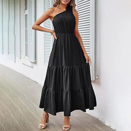 Casual Dresses Chic One Shoulder Pleated Sleeveless A-Line Dress For Women Summer 2024 High Waist Holiday Vestidos