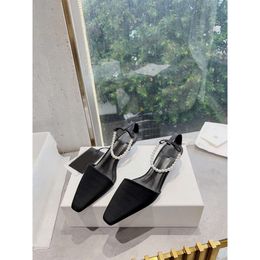 24Spring and Summer New Pearl Chain Sandals Women's Head Flat Silk Satin Low Heel Shallow Mouth Single Shoes Black Baotou