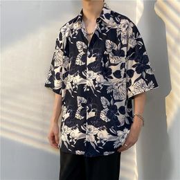 Summer Printing Short Sleeve Shirt Men Fashion Society Mens Dress Shirt Korean Loose Ice Silk Shirts Mens Hawaiian Shirt 240426