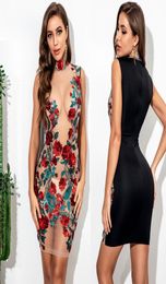 2020 New Spring Women SeeThrough Dress Sexy Mesh Rose Embroidery Sequined Dresses Female Summer Bodycon Dresses1453238