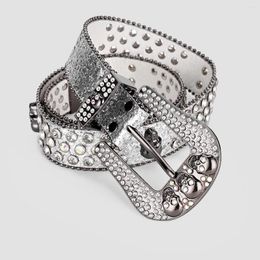 Belts Fashion Rhinestones Decor Skull Buckle Silver Glitter Strap Western For Women