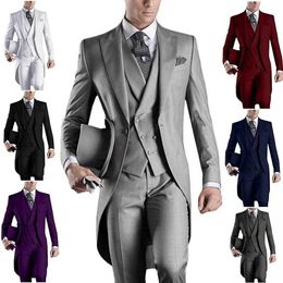 Men's Suits Blazers Customised white/black/gray/Burgundy tailcoat for mens party ball and groom set wedding evening dress jacket+pants+tank top Q240507