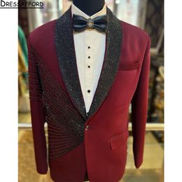 Dark Red Crystal Beading Blazers Men Suits Fashion Banquet 2 Piece Business Jacket Pants Trousers