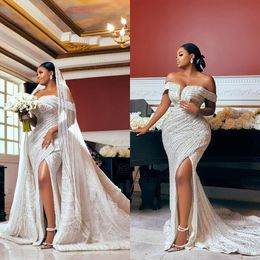 Luxury Mermaid Wedding Dresses Sexy Off Shoulder Beads Appliques Lace Bridal Gowns Custom Made Sweep Train Backless Robe De Mariee
