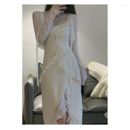 Casual Dresses Fairy Dress Woman Sleeveless Elegant Solid Strap Midi Party Korea Fashion Ruffles Beach Vestidos Y2k Set