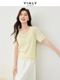 Women's T Shirts Vimly Summer Round Neck Jacquard Knitted Top 2024 Light Yellow Thin Short Sleeve Casual Knit T-shirts Woman Pullovers 72901