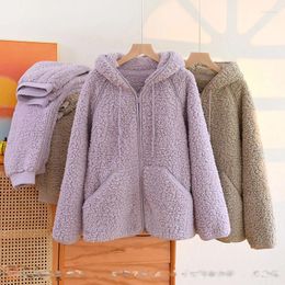 Women's Sleepwear Korean Women Warm Coral Fleece Pajamas Set Autumn Winter 2 Pieces Home Suit Casual Hooded Night Wear