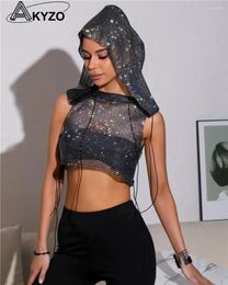 Women's Tanks Sparkly Crystal Sheer Mesh Hooded Camisloe For Women Fashion Tees Female Festival Rave Nightclub Sexy Sleeveless Tank Top