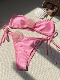 Women's Swimwear Sexy Bandeau Bikini 2024 Women Pink 3D Floral Design Push Up Micro Swimsuit Brazilian Beach Bathing Suit Tie Side Thong