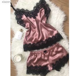 Sexy Pyjamas Womens pajama set fashionable V-neck elastic satin Babydoll lace sexy lingerie bow pajama short sleeved set new pajamas WX