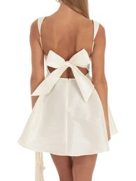 Women Summer Backless Big Bow Straps Aline Dress Sweet Solid Color Sleeveless Square Neck Short Dresses for Party Cocktail Prom 240506