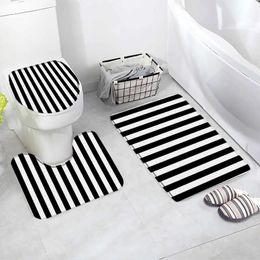 Black and White Striped Bath Mat Set Modern Minimalist Geometric Carpet Flannel Bathroom Decor Ushaped Rugs Toilet Lid Cover 240508