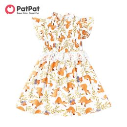 Girl's Dresses pt Preschool Girls Dress 100% Cotton Allover Fox Print Ruffled Sleeves Lace Detail ShirtL240508