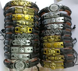 20PCS Men Assorted Skull Pattern Leather Alloy Bronze Bracelets Wristbands Bangles Cuff Punk Cool Jewelry Party Whole Wrist6362853