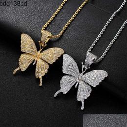 Pendant Necklaces Pendant Necklaces Insect Butterfly Hip Hop Iced Out Cubic Zirconia Necklace Women Men Fashion Jewellery With 24 Inch Rope Link Chains D Dhndl