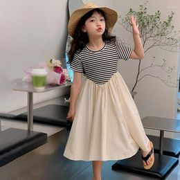 Girl Dresses Korean Style Summer Dress Girls' Sweet Princess Party Patchwork Design Stripe Printing Fashionable Round Collar