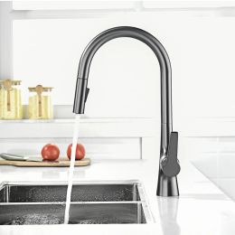 Grey brass kitchen faucet single hole single handle cold and hot double control simple pull-out design sink faucet