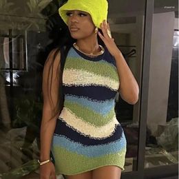 Casual Dresses Color Patchwork Knitted Bodycon Mini Dress Women Summer O-neck Sleeveless High Stretch Streetwear Fashion Vestidos