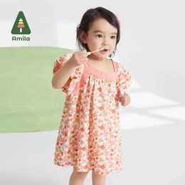 Girl's Dresses Amila Baby Girl Dress 2023 Summer New 100% Cotton Cute Flower Garden Leisure Breathable Lantern Sleeves Square Neckline Dress 0-6YL240508