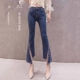 Women's Jeans Skinny Ankle-Length Pants Blue Woman High Waist Sexy Split Beading Denim Flare Streetwear Women