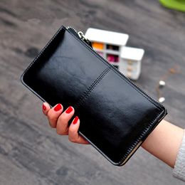 Ls Women's Vintage Oil Wax Leather Zipper Clutch Luxury Design Wallet Female Large Capacity Coin Purse Ladies Wristband Simple Car 292g