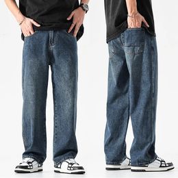 Baggy Jeans Men Wide Leg Dark Blue Denim Pants Straight Cut Oversize Korean Style Trousers For Clothing Jean 240430