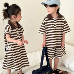 Clothing Sets Children Kids Summer Suit Boys Sport Style 2024 Fashionable Striped Set Girls Dress Brother And Sister Clothes