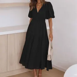 Party Dresses Black Ruffle Dress For Women 2024 Female Short Sleeves Robe High Waist Beachwear Elegant Deep V Neck Midi