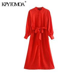 Frauen elegantes Modebüro tragen Knöpfe Midi Kleid Langarm mit Gürtel weibliche Kleider Vestidos Mujer 2104203487724