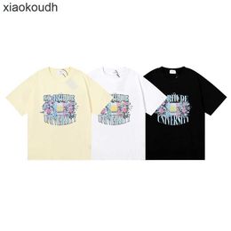 Rhude High end designer clothes for Small crowd fashion flag flower print high weight double yarn cotton casual loose short sleeve Tshirt for men and women With 1:1 logo