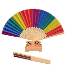 Bamboo Rainbow Cloth Crafts Folding Silk Fans Festival Decoration Stage Performance Dance Fan