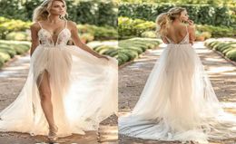 Naama Anat 2019 Beach Wedding Dresses Spaghetti Lace Appliques Sexy Backless Side Split Boho Wedding Dress Light Champagne Brida4953519