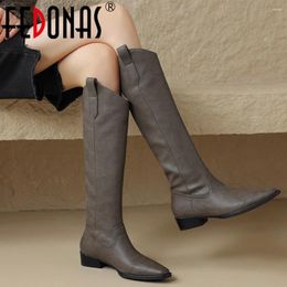 Boots FEDONAS Autumn Winter Women Knee-High Thick Heels Office Lady Elegant Shoes Woman Basic Genuine Leather Quality 2024