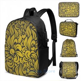 Backpack Graphic Print Seamless-floral-pattern-gold-flowers-black Set-design USB Charge Men School Travel Laptop Bag