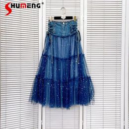Skirts Women's Wide Hem Bubble Skirt High Waist Blue Mid-Length Cake Denim Mesh Stitching Star Sequins Fairy A-line Y2k Kawaii