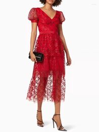 Party Dresses Women Mesh Sequin Embroidery Red Dress V-Neck Short Sleeve Female Backless Elastic Waist Fashion Mid-Calf Robe For