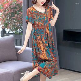 Party Dresses Oversized Women Vintage Long Dress Summer Big Size Print Loose Short Sleeve Female Midi Indie Folk Casual Pullover Robe 6XL