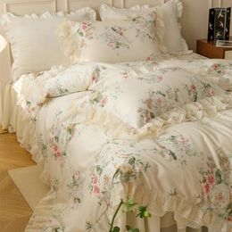 Bedding Sets Pure Cotton Vintage French Pastoral Country Flowers Print Double Layer Lace Ruffles Set Duvet Cover Bed Skirt Pillowcase