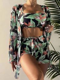 Women's Swimwear Three Pieces Bikini Cover Up Swimsuit Floral Print Push Beach Bathing Suits Long Sleeve Twist Sexy