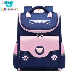 Backpacks SUN EIGHT NEW 2024 3D Pink Cat Girl School Bags Orthopedic Back New Children Satchels Waterproof Backpack Foldable WX