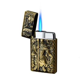 Creative Windproof Blue Flame Lighter Metal Relief Process Direct Injection Gas Unfilled Cigarette Lighter Wholesale