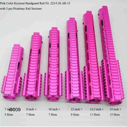 Parts 7/9/10/12/13.5/15 inch Keymod Handguard Rail with 3 x Picatinny / Weaver Rail Sections_Pink Anodized+Steel Barrel Nut